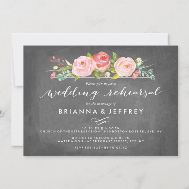 Rose Garden Floral Chalkboard Wedding Rehearsal Invitation (Front)