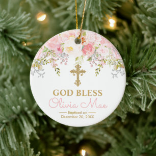 Rose Garden Girl Baptism God Bless Photo Ceramic Tree Decoration