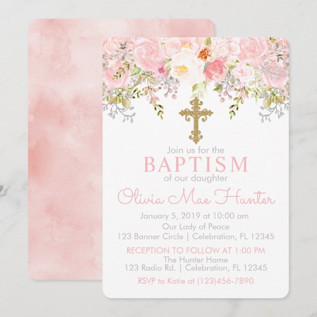 Rose Garden Girl Baptism Invitation (Front/Back)