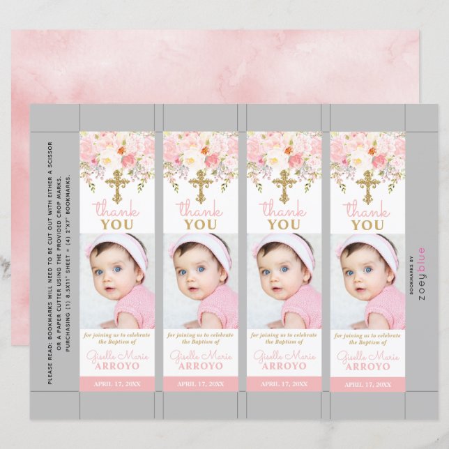 Rose Garden Girl Baptism Photo Bookmark (Front/Back)