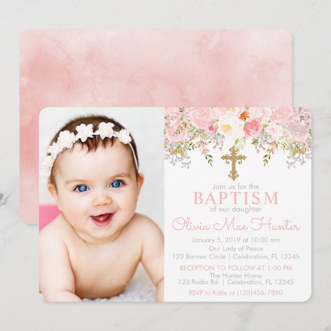 Rose Garden Girl Baptism Photo Invitation (Front/Back)