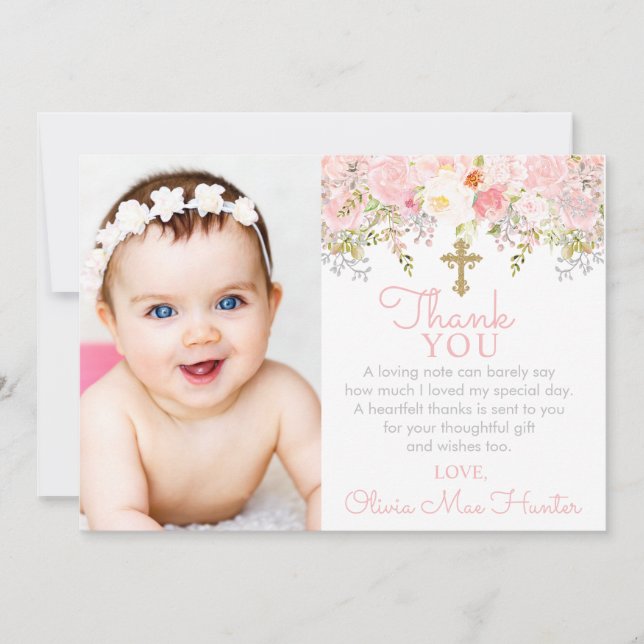 Rose Garden Girl Baptism Photo Thank You Card (Front)