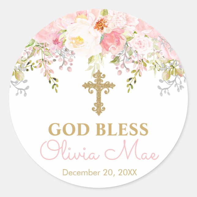 Rose Garden Girl God Bless Baptism Favour Stickers (Front)