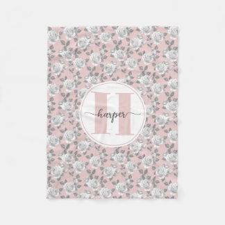 Rose Garden Monogram Pink  Fleece Blanket