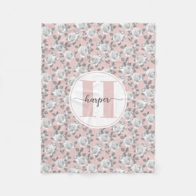 Rose Garden Monogram Pink  Fleece Blanket (Front)