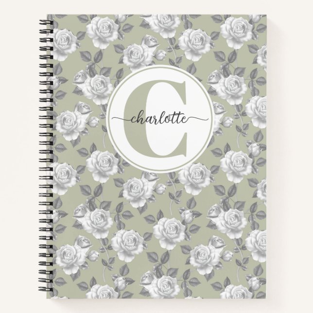 Rose Garden Monogram Sage Green Notebook (Front)