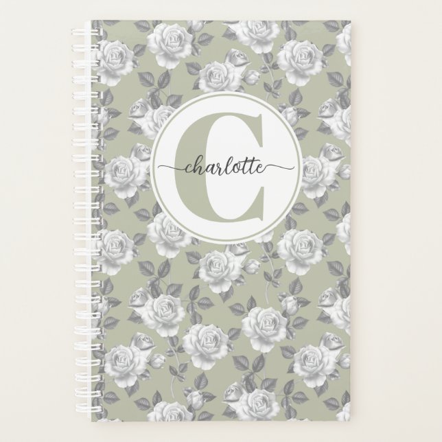 Rose Garden Monogram Sage Green Planner (Front)