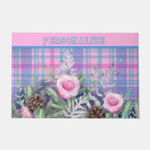 Rose Garden Pine Cones Pink Blue Plaid Doormat