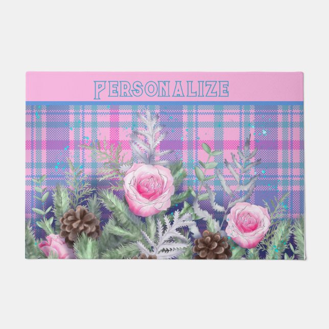 Rose Garden Pine Cones Pink Blue Plaid  Doormat (Front)