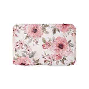 Rose Garden Pink Watercolor Floral Blush Botanical Bath Mat