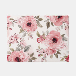 Rose Garden Pink Watercolor Floral Blush Botanical Doormat