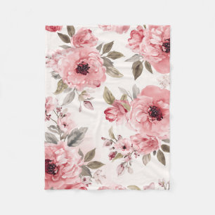 Rose Garden Pink Watercolor Floral Blush Botanical Fleece Blanket