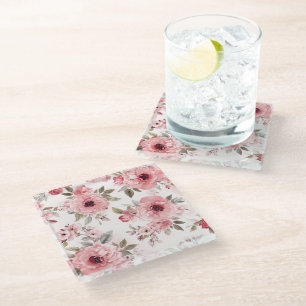 Rose Garden Pink Watercolor Floral Blush Botanical Glass Coaster
