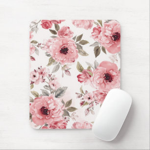 Rose Garden Pink Watercolor Floral Blush Botanical Mouse Mat