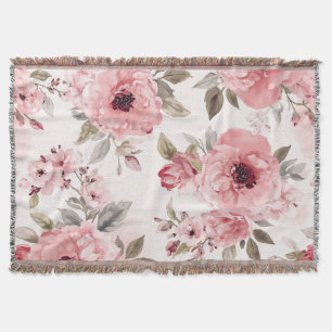 Rose Garden Pink Watercolor Floral Blush Botanical Throw Blanket