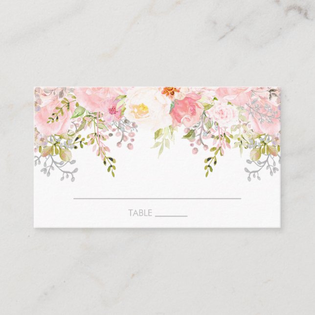 Rose Garden Pink Watercolor Floral Flat Place Card (Front)