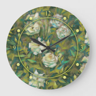 "Rose garden", retro floral design, mint & ochre Large Clock