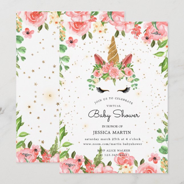 rose garden sleepy unicorn virtual baby shower invitation (Front/Back)