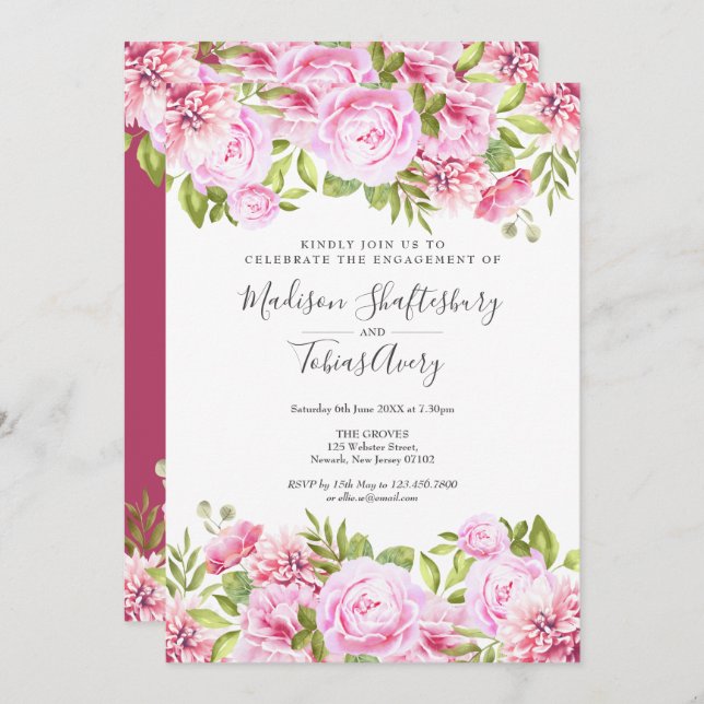 Rose Garden Watercolour Floral Engagement Party Invitation (Front/Back)