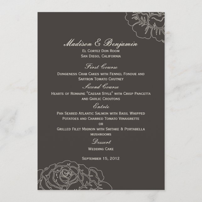 Rose Garden Wedding Menu Card - Charcoal (Front)
