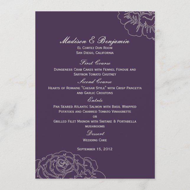 Rose Garden Wedding Menu Card - Purple (Front)
