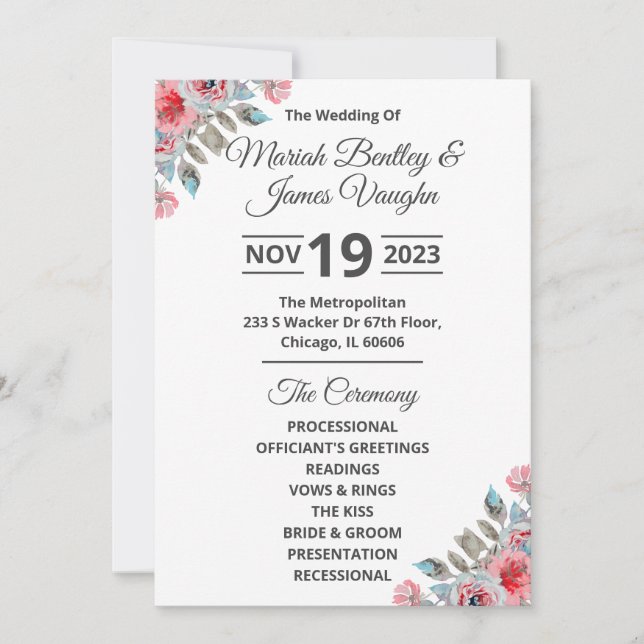 Rose Garden Wedding Program Wide Invitation (Front)