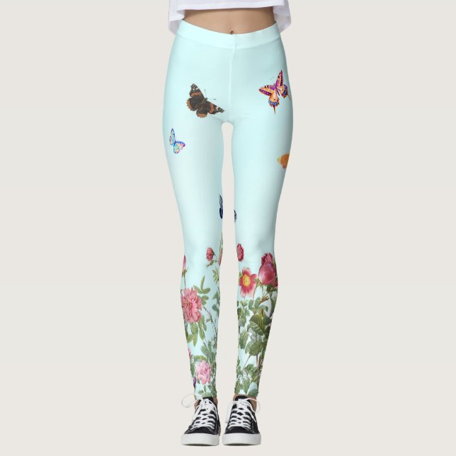 Rose Garden with Butterflies on Blue Background Leggings (Front)
