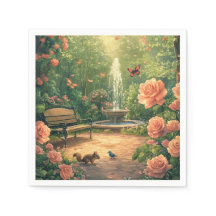 rose garden with fountain with butterfly