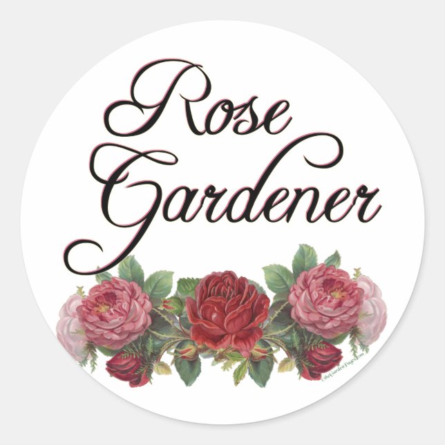 Rose Gardener Saying with Roses Classic Round Sticker (Front)