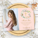 Rose Garland Floral First Holy Communion Photo  Thank You Card<br><div class="desc">Featuring a pretty rose watercolour floral garland on a blush pink background. This chic first holy communion thank you card can be personalised with your own photo and special thank you message. You can customise the reverse to your favourite colour or add additional information. Designed by Thisisnotme©</div>
