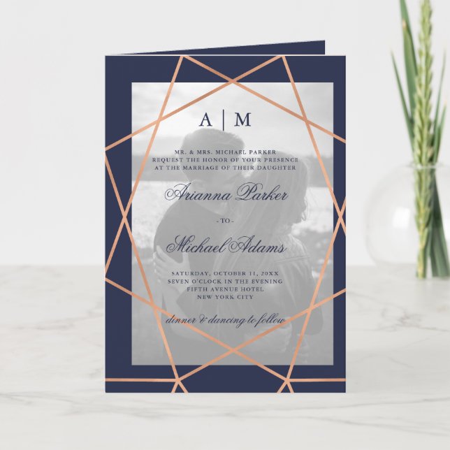 Rose Geometric Midnight Blue Photo Wedding Folded Invitation (Front)