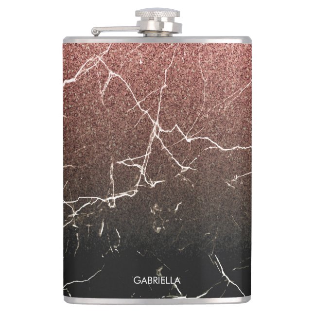Rose Glitter Black Marble Hip Flask (Front)