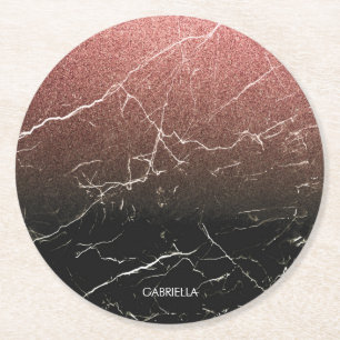 Rose Glitter Black Marble Round Paper Coaster