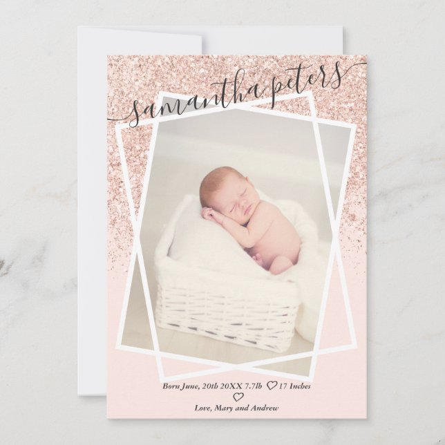 Rose Glitter blush pink modern photo baby birth Announcement (Front)