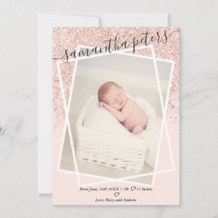 Rose Glitter blush pink modern photo baby birth Announcement