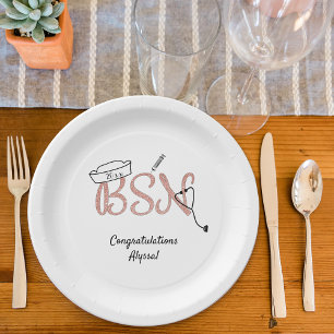 Rose glitter BSN Nurse graduation pinning party Paper Plate
