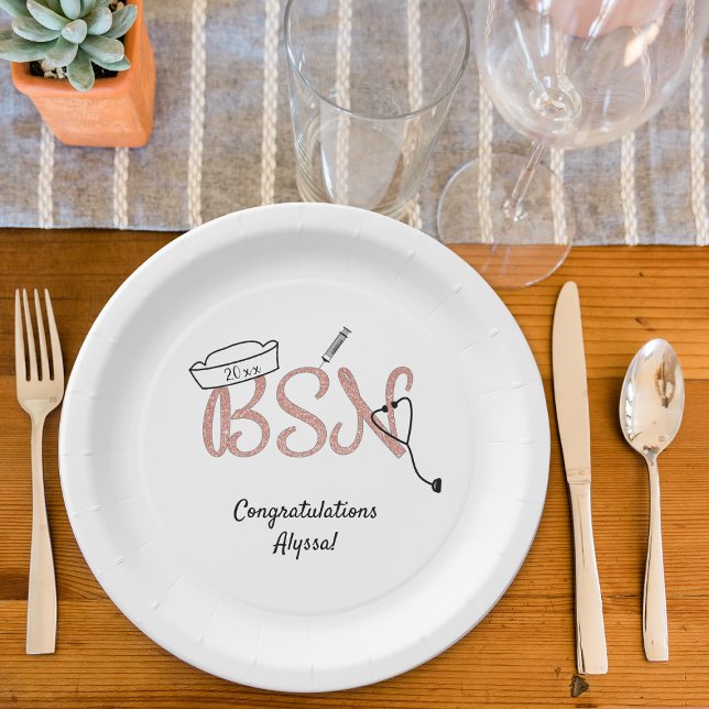 Rose glitter BSN Nurse graduation pinning party Paper Plate (Creator Uploaded)