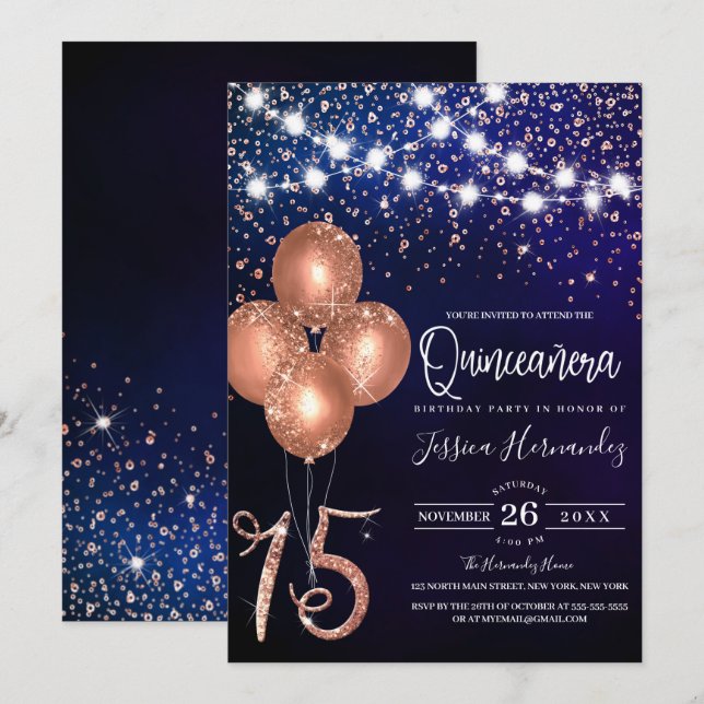 Rose Glitter Confetti Balloons Light Quinceañera Invitation (Front/Back)