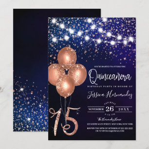 Rose Glitter Confetti Balloons Light Quinceañera Invitation