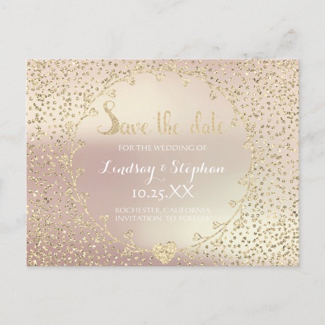 Rose Glitter Confetti Champaigne Save the Date Announcement Postcard (Front)