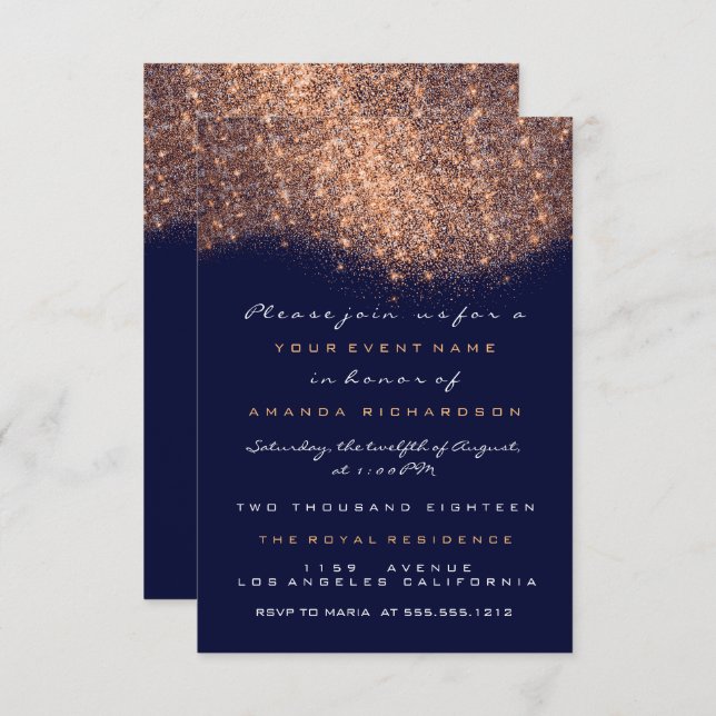Rose Glitter Copper Blue Navy Formal Invitation (Front/Back)