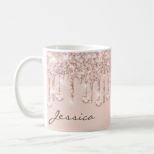 Rose Glitter Drips Crystals Powder Pink Name Girly Coffee Mug (Left)