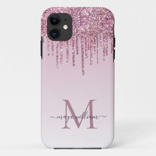  Rose Glitter Drips Personalised Monogram And Name iPhone 11 Case