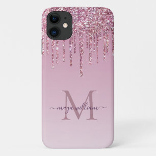 Rose Glitter Drips Personalised Monogram And Name iPhone 11 Case