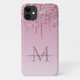 Rose Glitter Drips Personalised Monogram And Name iPhone 11 Case