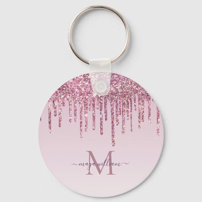  Rose Glitter Drips Personalised Monogram And Name Key Ring (Front)