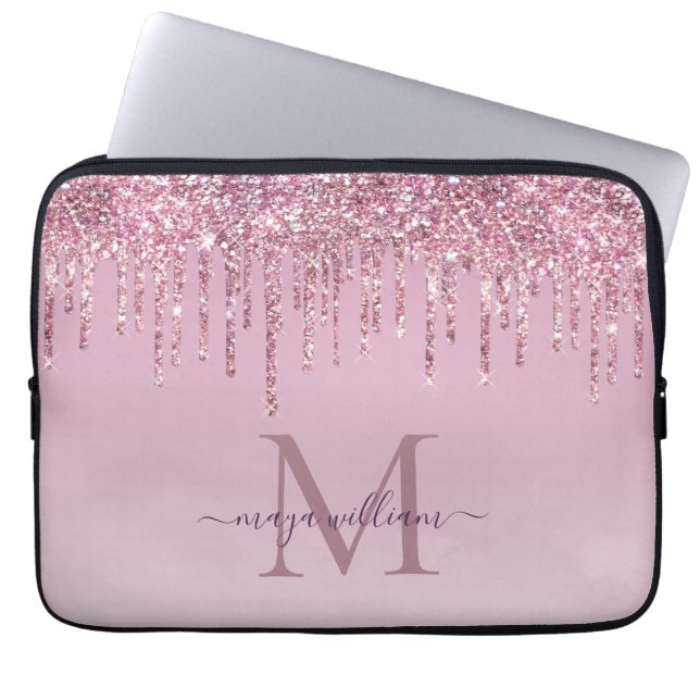  Rose Glitter Drips Personalised Monogram And Name Laptop Sleeve (Front)