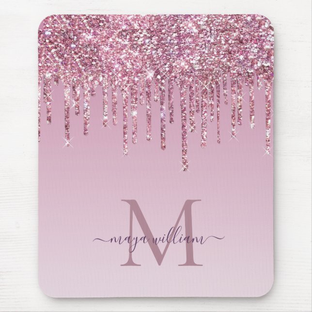  Rose Glitter Drips Personalised Monogram And Name Mouse Mat (Front)