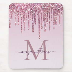  Rose Glitter Drips Personalised Monogram And Name Mouse Mat