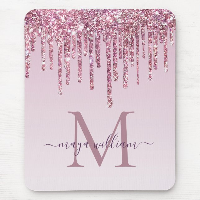  Rose Glitter Drips Personalised Monogram And Name Mouse Mat (Front)